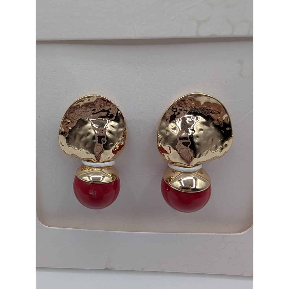ZARA Red Resin Ball Drop Earrings Gold Tone‎ Sculptural NWT